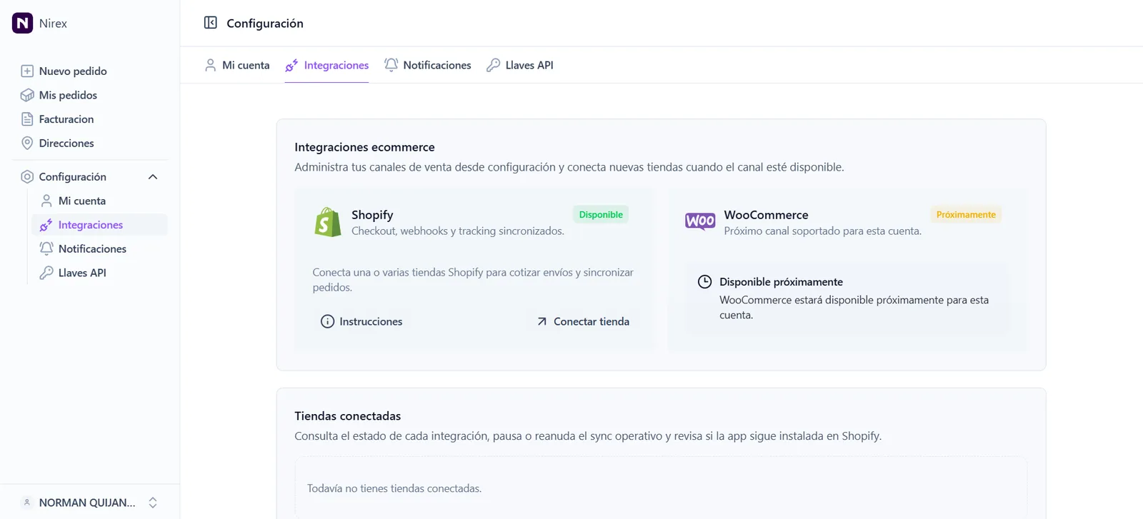 Panel de Nirex con la integración a Shopify